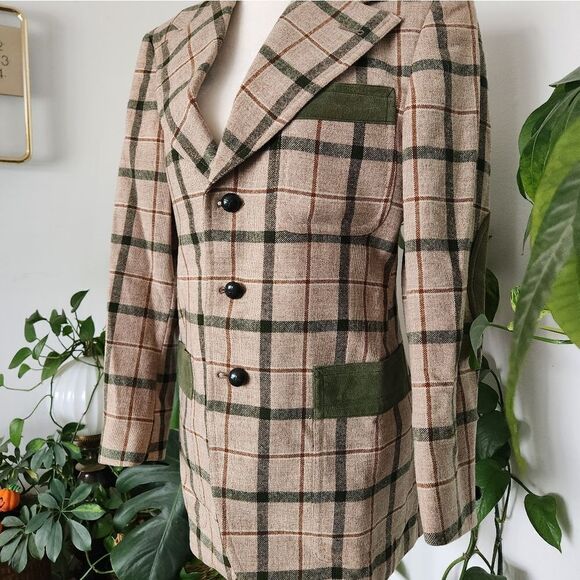 Vintage Virgin Wool 60s 70s Plaid Ladies Blazer Jacket Elbow Patches Designer Eq - Picture 2 of 14
